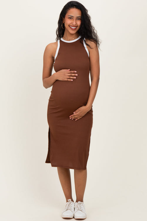 Brown/Soft White High Neck Ribbed Sleeveless Maternity Midi Dress