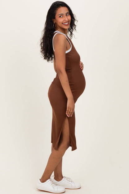 Brown/Soft White High Neck Ribbed Sleeveless Maternity Midi Dress
