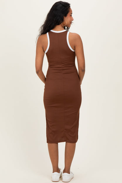 Brown/Soft White High Neck Ribbed Sleeveless Maternity Midi Dress