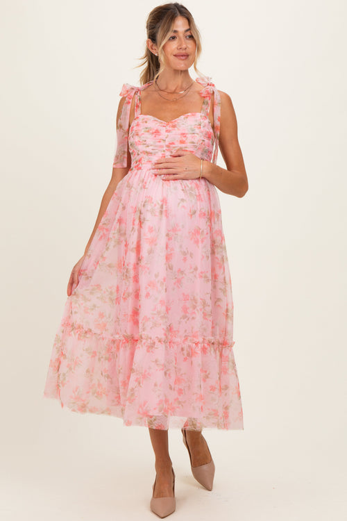 Pink Multi Floral Shirred Bodice Sleeveless Maternity Midi Dress