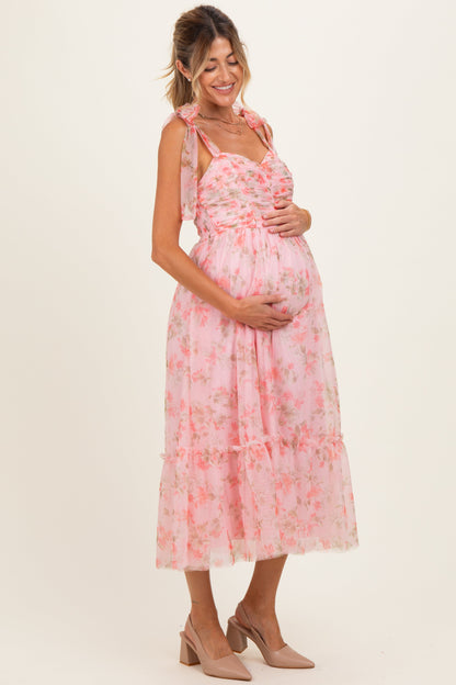Pink Multi Floral Shirred Bodice Sleeveless Maternity Midi Dress