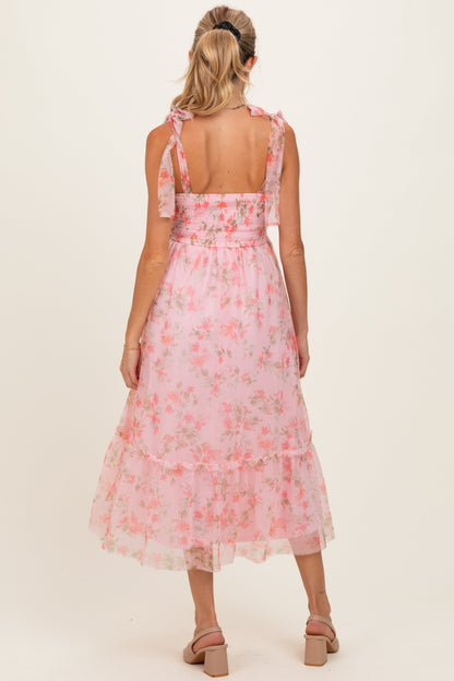 Pink Multi Floral Shirred Bodice Sleeveless Maternity Midi Dress