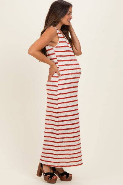 Cream Striped Crochet Knit Sleeveless Maternity Maxi Dress