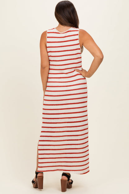 Cream Striped Crochet Knit Sleeveless Maternity Maxi Dress