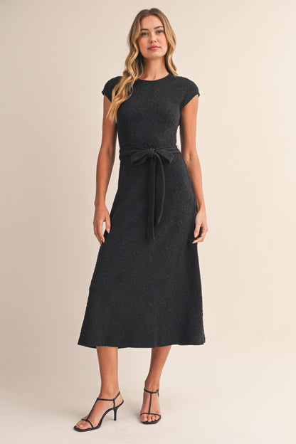 Black Jacquard Waist Tie Maternity Midi Dress
