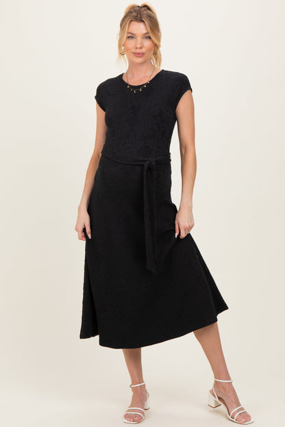 Black Jacquard Waist Tie Maternity Midi Dress