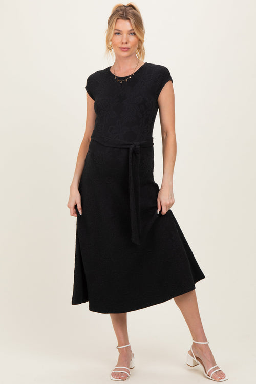 Black Jacquard Waist Tie Maternity Midi Dress