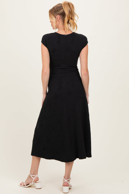 Black Jacquard Waist Tie Maternity Midi Dress