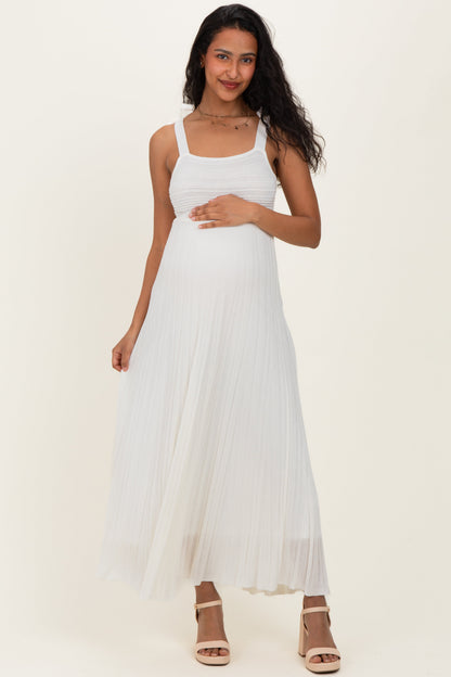 Off White Textured Knit Shoulder Tie Maternity Midi Dress