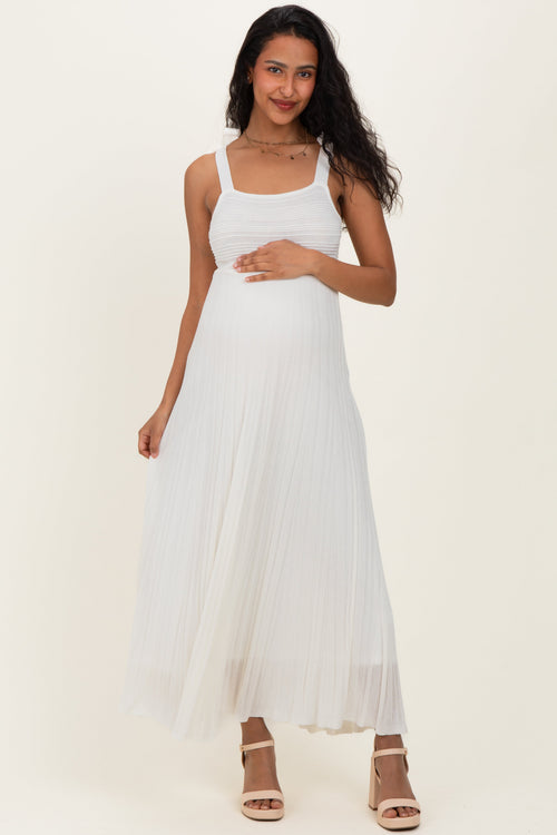 Off White Textured Knit Shoulder Tie Maternity Midi Dress