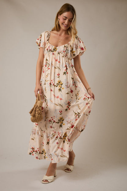 Cream Floral Puff Sleeve Maternity Maxi Dress
