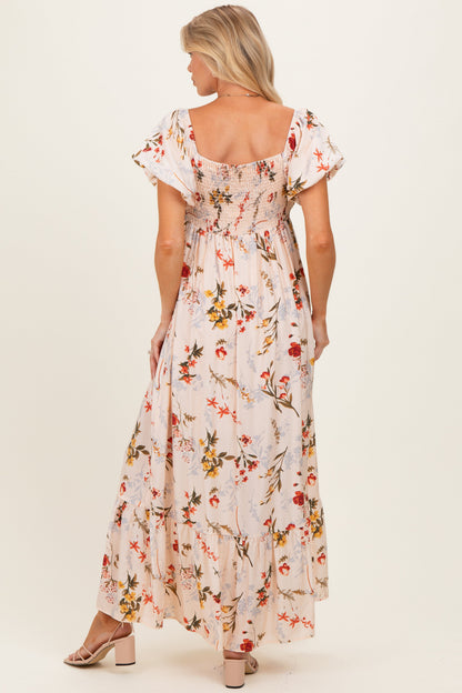 Cream Floral Puff Sleeve Maternity Maxi Dress