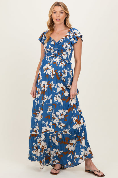 Blue Floral Cinched Smocked Maternity Maxi Dress
