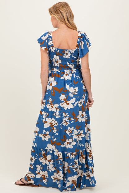 Blue Floral Cinched Smocked Maternity Maxi Dress