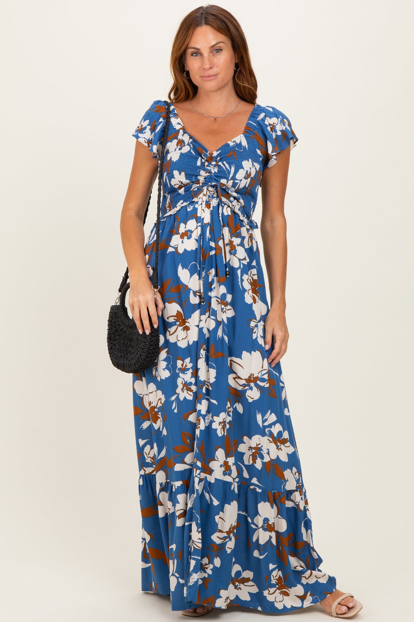 Blue Floral Cinched Smocked Maternity Maxi Dress