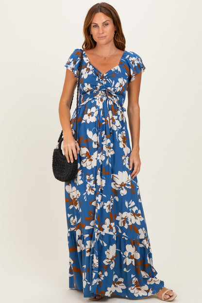 Blue Floral Cinched Smocked Maternity Maxi Dress