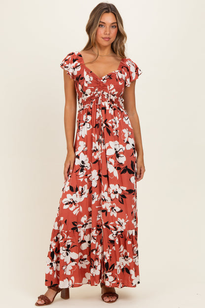 Mauve Floral Cinched Smocked Maternity Maxi Dress