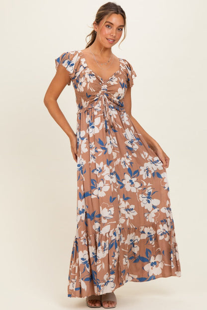 Mocha Floral Cinched Smocked Maternity Maxi Dress
