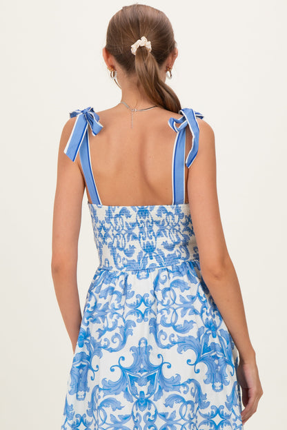 Blue Damask Shoulder Tie Maternity Midi Dress
