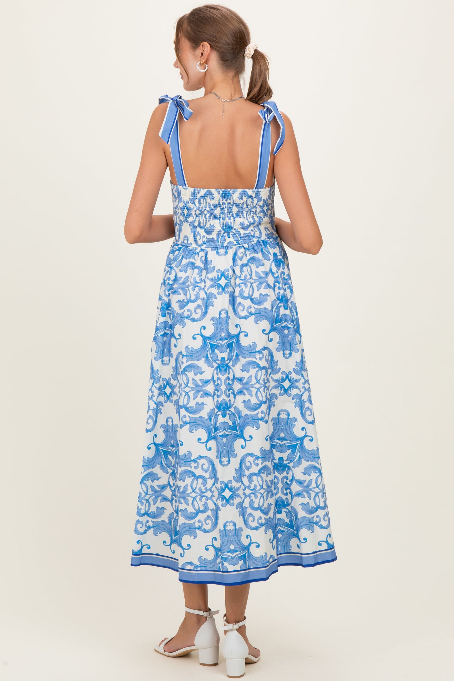 Blue Damask Shoulder Tie Maternity Midi Dress