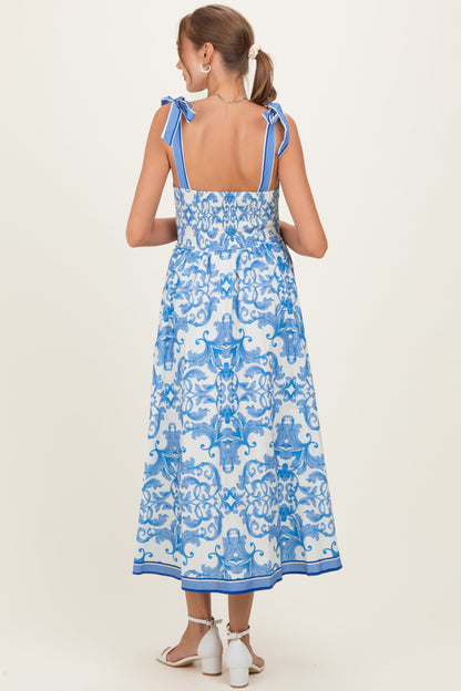 Blue Damask Shoulder Tie Maternity Midi Dress