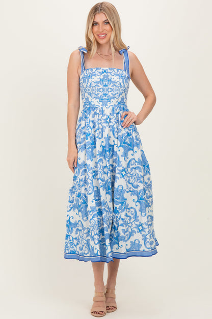 Blue Damask Shoulder Tie Maternity Midi Dress