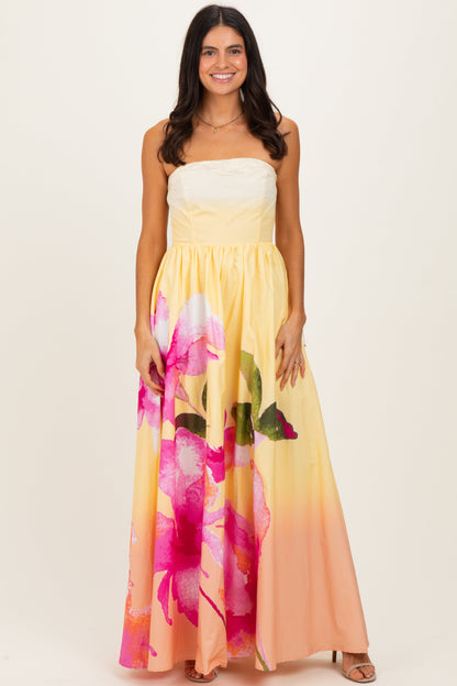 Light Yellow Floral Strapless Maternity Maxi Dress