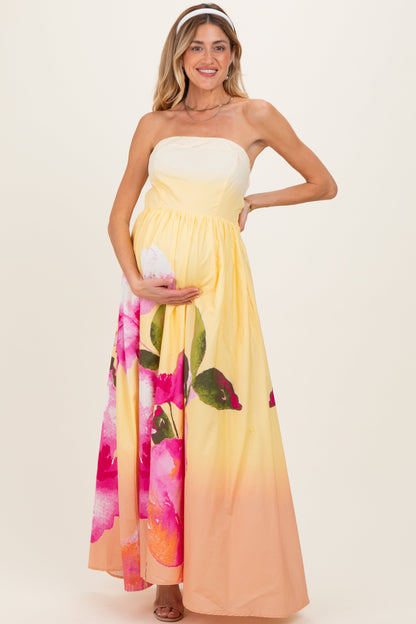 Light Yellow Floral Strapless Maternity Maxi Dress