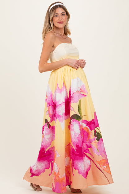 Light Yellow Floral Strapless Maternity Maxi Dress