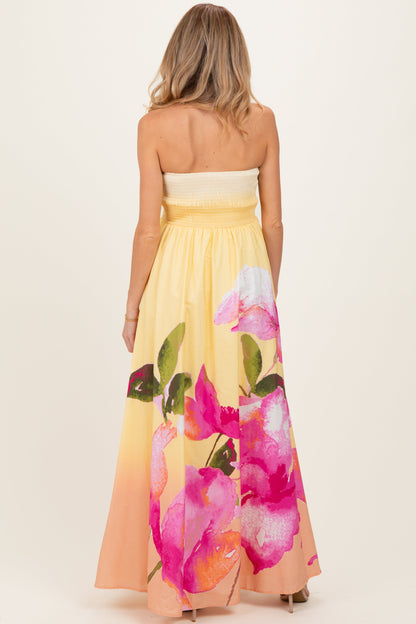 Light Yellow Floral Strapless Maternity Maxi Dress