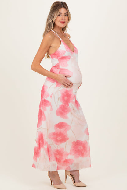 Pink Floral Crisscross Back Maternity Maxi Dress