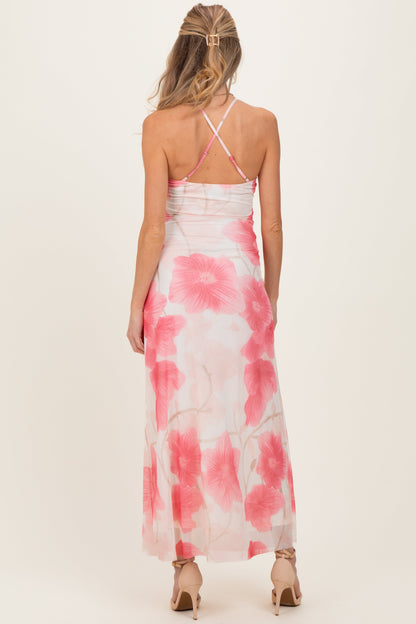 Pink Floral Crisscross Back Maternity Maxi Dress