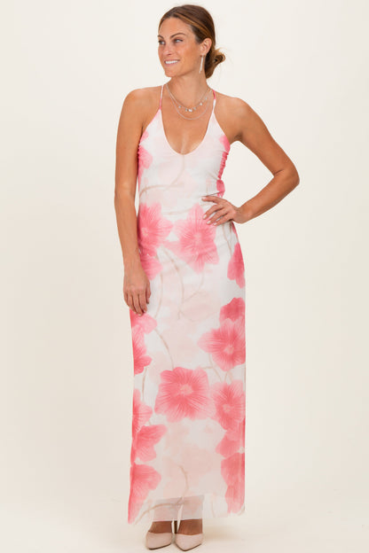 Pink Floral Crisscross Back Maternity Maxi Dress