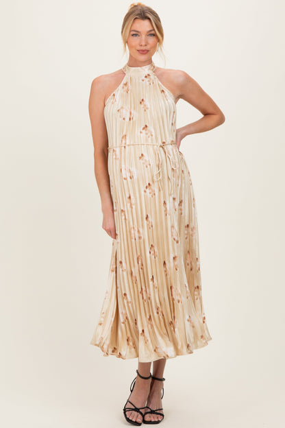 Yellow Floral Pleated Halter Maternity Midi Dress