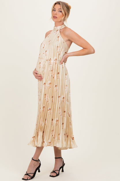 Yellow Floral Pleated Halter Maternity Midi Dress