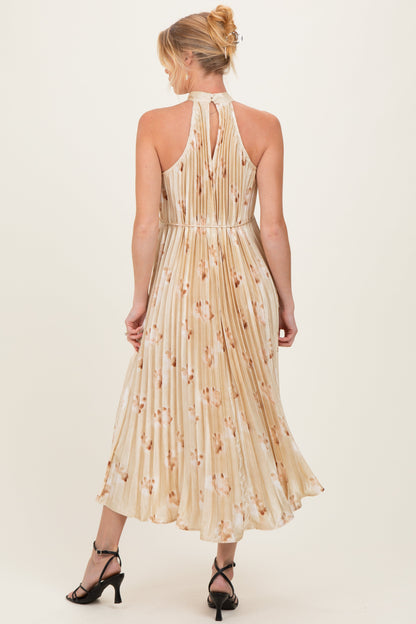 Yellow Floral Pleated Halter Maternity Midi Dress