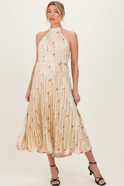 Yellow Floral Pleated Halter Maternity Midi Dress