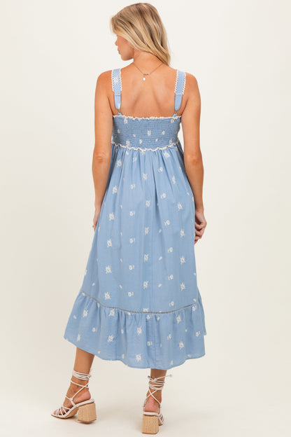 Light Blue Vintage Floral Smocked Maternity Midi Dress