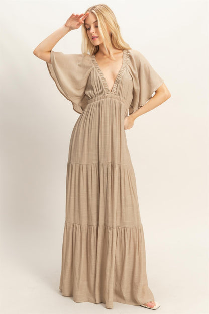 Taupe Flutter Sleeve Maternity Maxi Dress