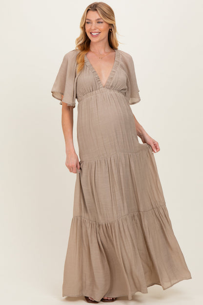 Taupe Flutter Sleeve Maternity Maxi Dress