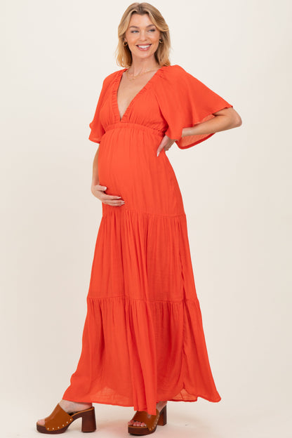 Orange Flutter Sleeve Maternity Maxi Dress
