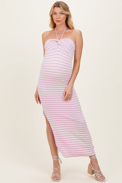 Lavender Halter Neck Twist Bust Maternity Midi Dress