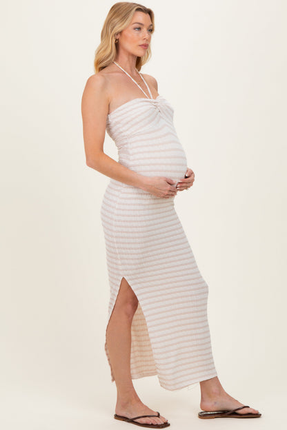 Taupe Halter Neck Twist Bust Maternity Midi Dress