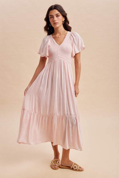 Light Pink Smocked Maternity Midi Dress
