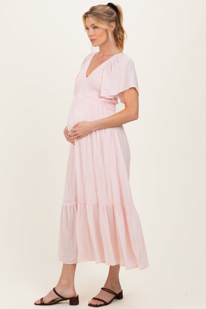 Light Pink Smocked Maternity Midi Dress