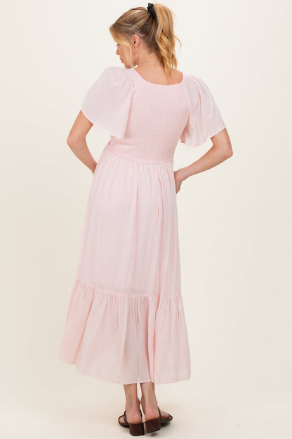 Light Pink Smocked Maternity Midi Dress