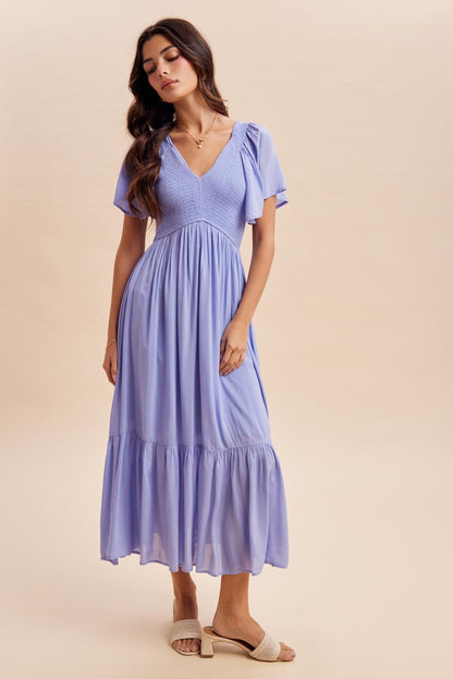 Blue Smocked Maternity Midi Dress