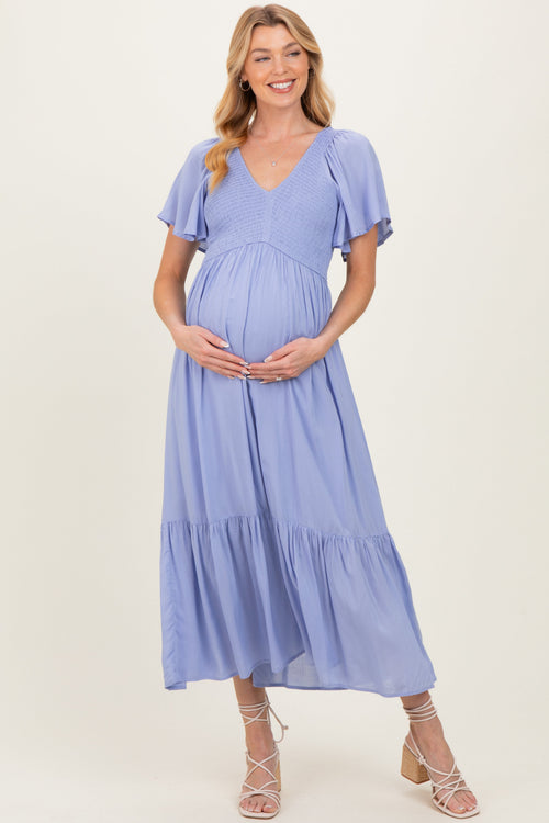 Blue Smocked Maternity Midi Dress