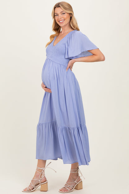 Blue Smocked Maternity Midi Dress