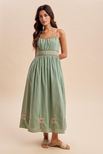 Sage Embroidered Contrast Sleeveless Maternity Maxi Dress